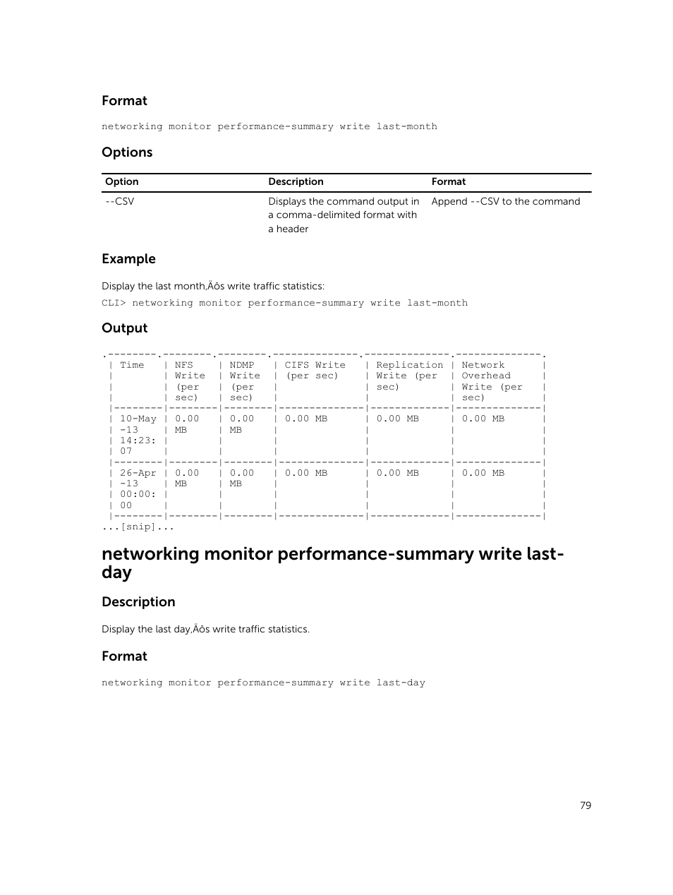 Format, Options, Example | Output, Description | Dell PowerVault NX3600 User Manual | Page 79 / 245
