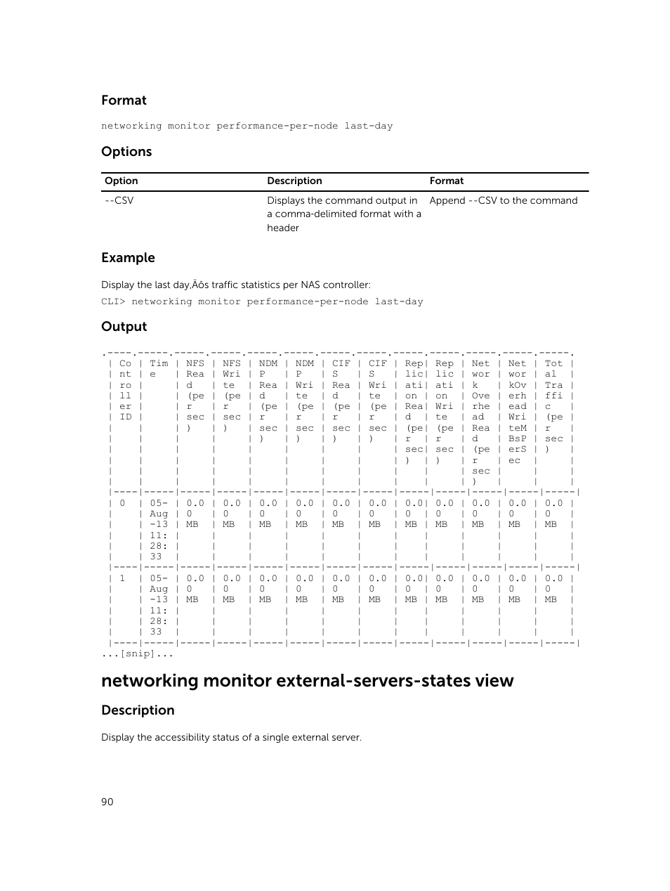 Networking monitor external-servers-states view, Format, Options | Example, Output, Description | Dell PowerVault NX3600 User Manual | Page 90 / 245