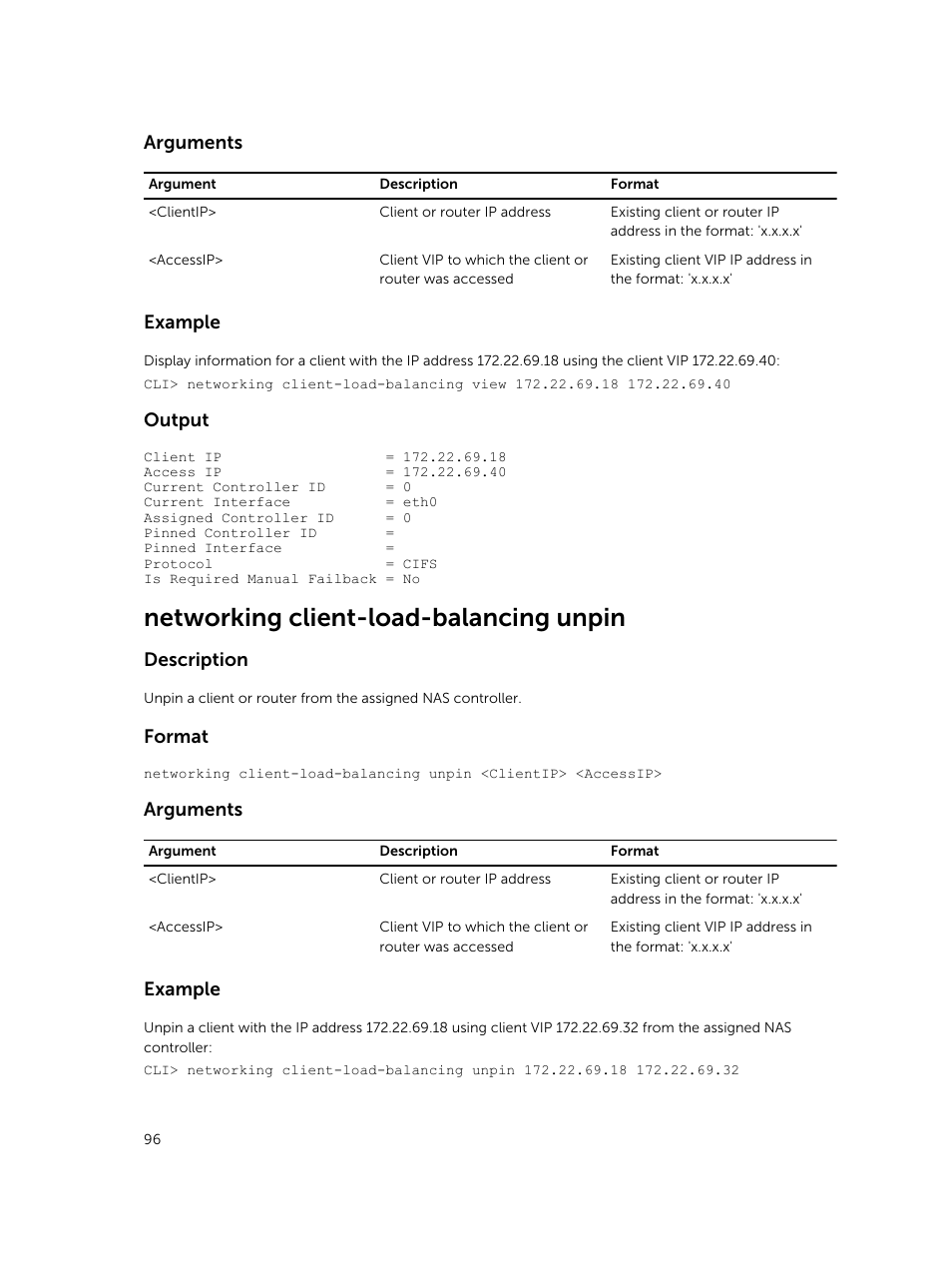Networking client-load-balancing unpin, Arguments, Example | Output, Description, Format | Dell PowerVault NX3600 User Manual | Page 96 / 245