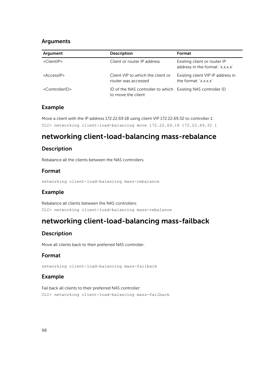 Networking client-load-balancing mass-rebalance, Networking client-load-balancing mass-failback | Dell PowerVault NX3600 User Manual | Page 98 / 245