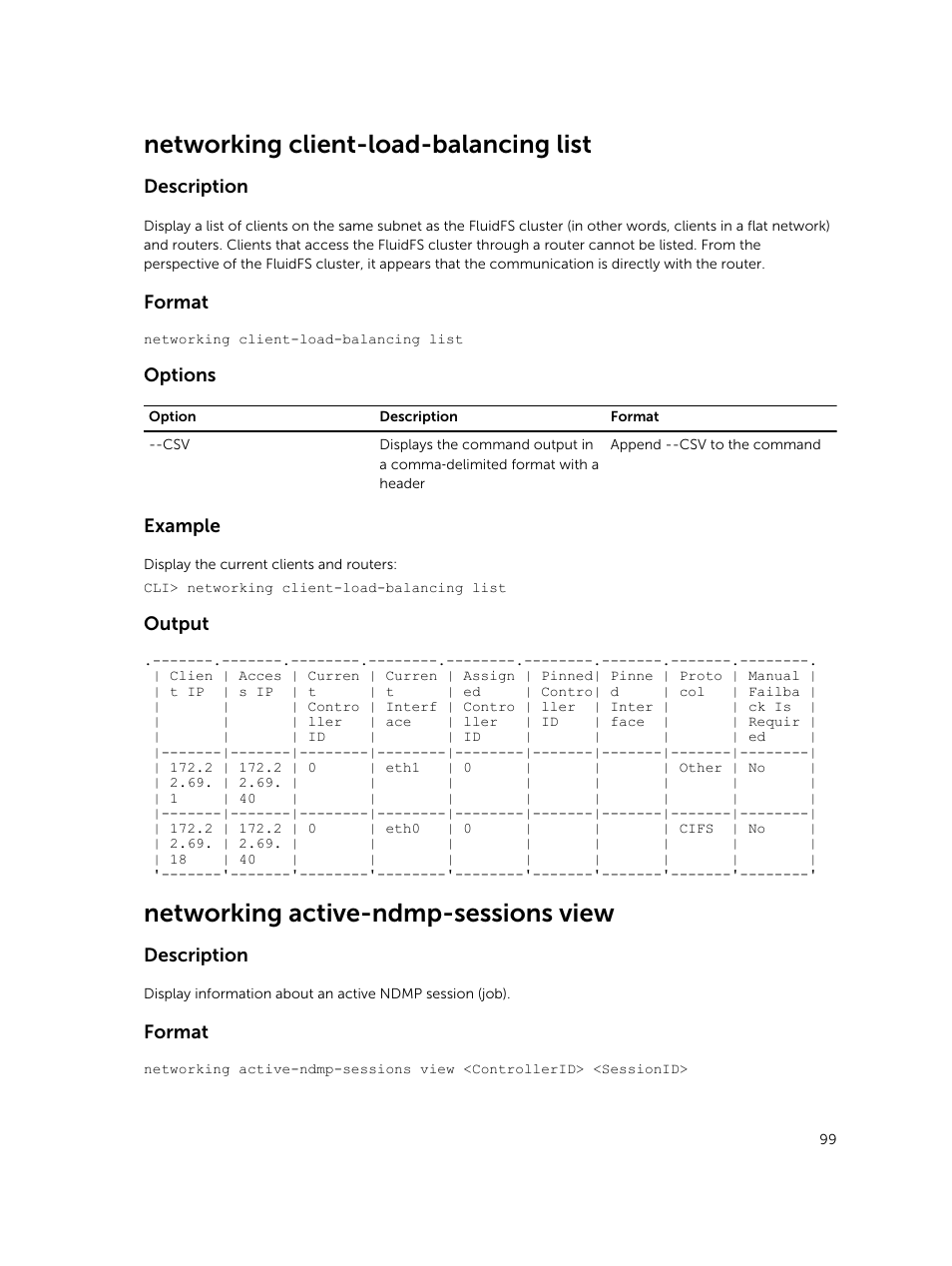 Networking client-load-balancing list, Networking active-ndmp-sessions view, Description | Format, Options, Example, Output | Dell PowerVault NX3600 User Manual | Page 99 / 245