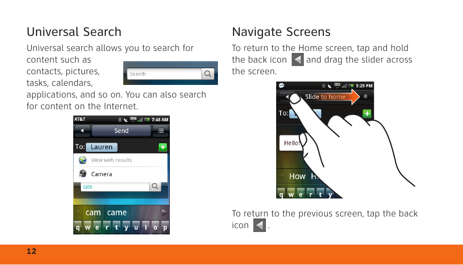 Universal search, Navigate screens | Dell Aero Mobile User Manual | Page 12 / 24