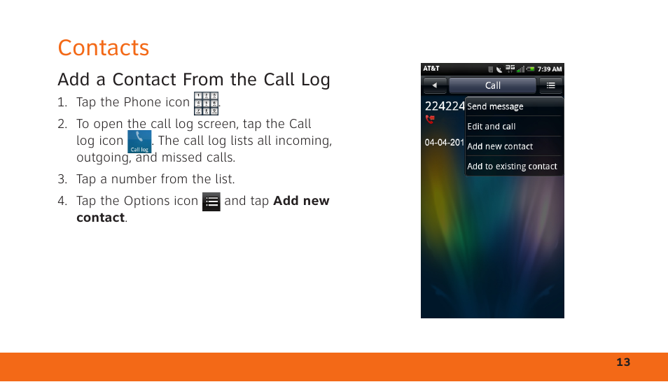 Contacts, Add a contact from the call log | Dell Aero Mobile User Manual | Page 13 / 24