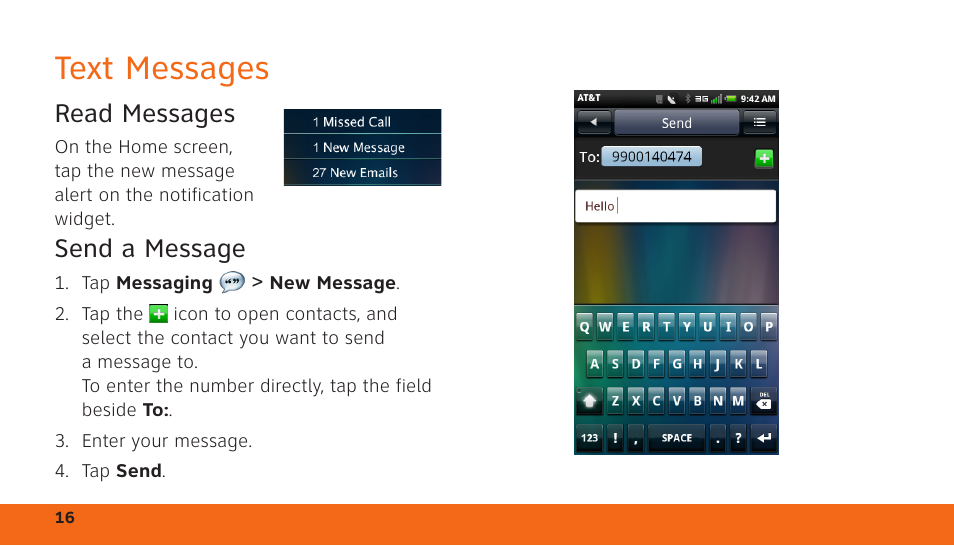 Text messages, Read messages, Send a message | Dell Aero Mobile User Manual | Page 16 / 24