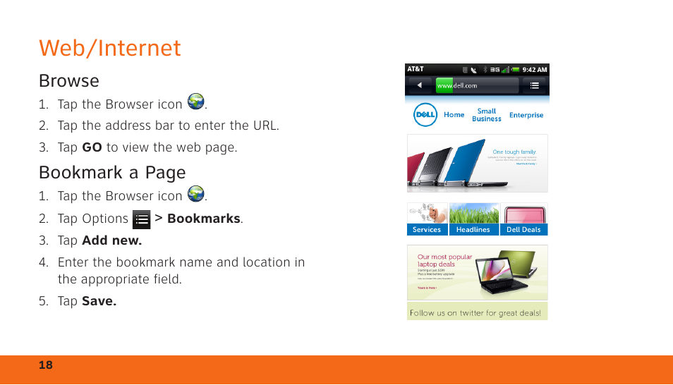Web/internet, Browse, Bookmark a page | Dell Aero Mobile User Manual | Page 18 / 24