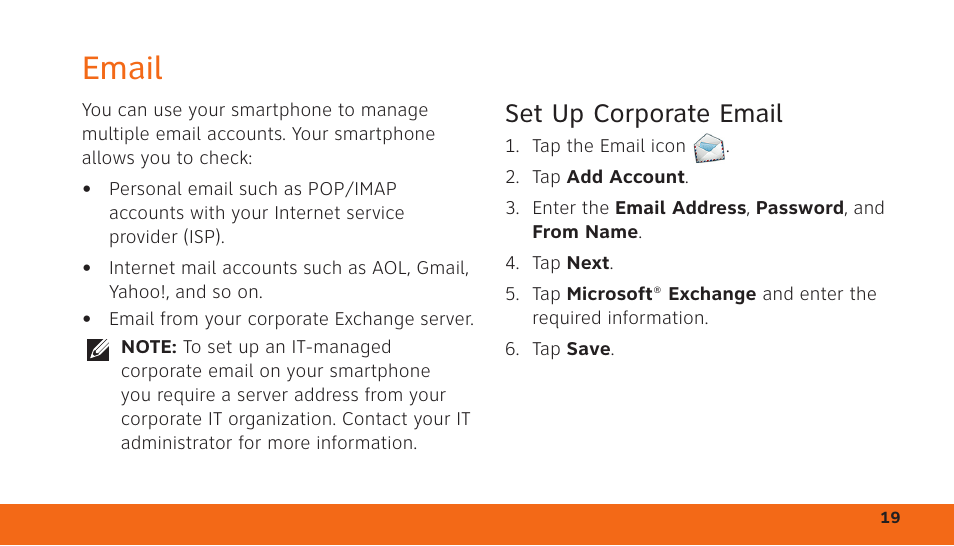 Email, Set up corporate email | Dell Aero Mobile User Manual | Page 19 / 24