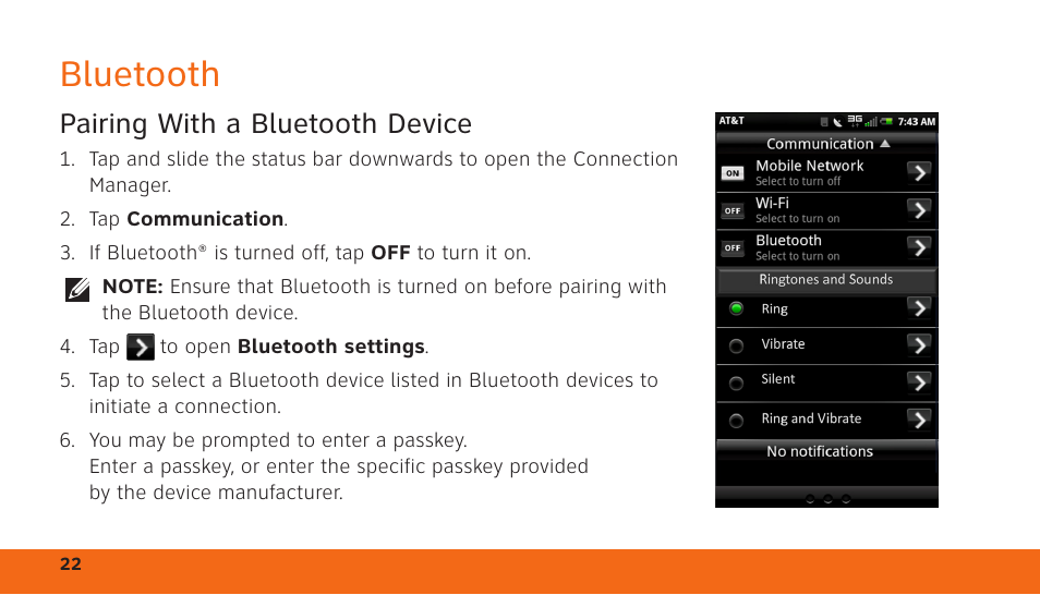 Bluetooth, Pairing with a bluetooth device | Dell Aero Mobile User Manual | Page 22 / 24