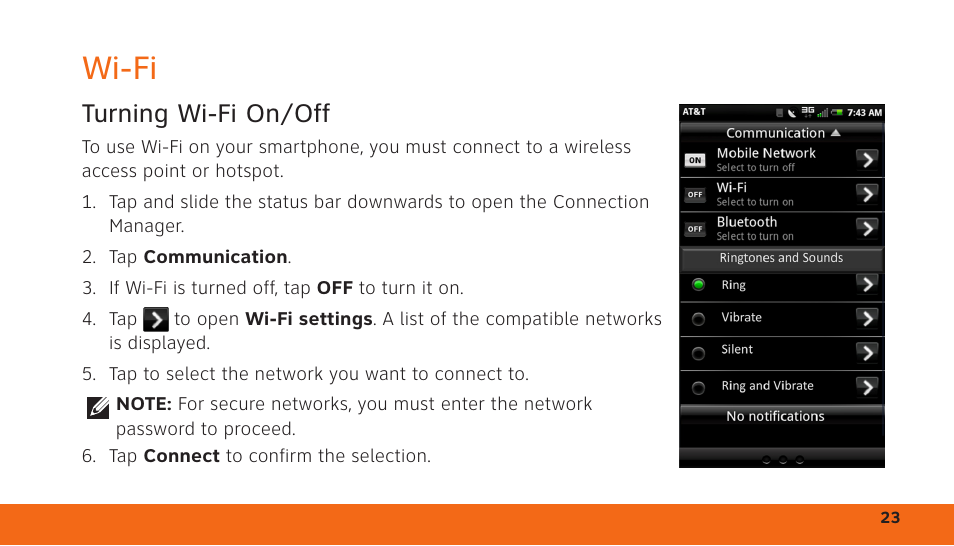 Wi-fi, Turning wi-fi on/off | Dell Aero Mobile User Manual | Page 23 / 24