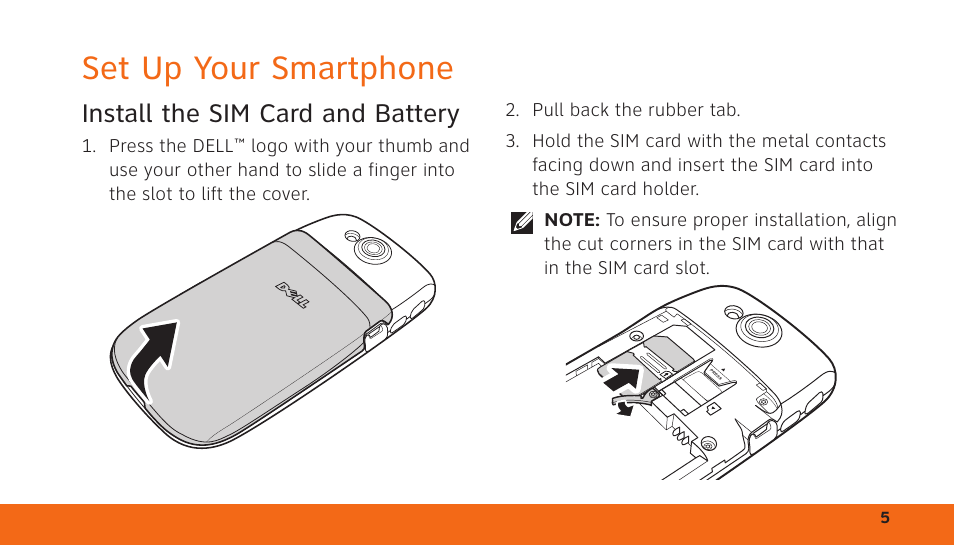 Set up your smartphone, Install the sim card and battery | Dell Aero Mobile User Manual | Page 5 / 24