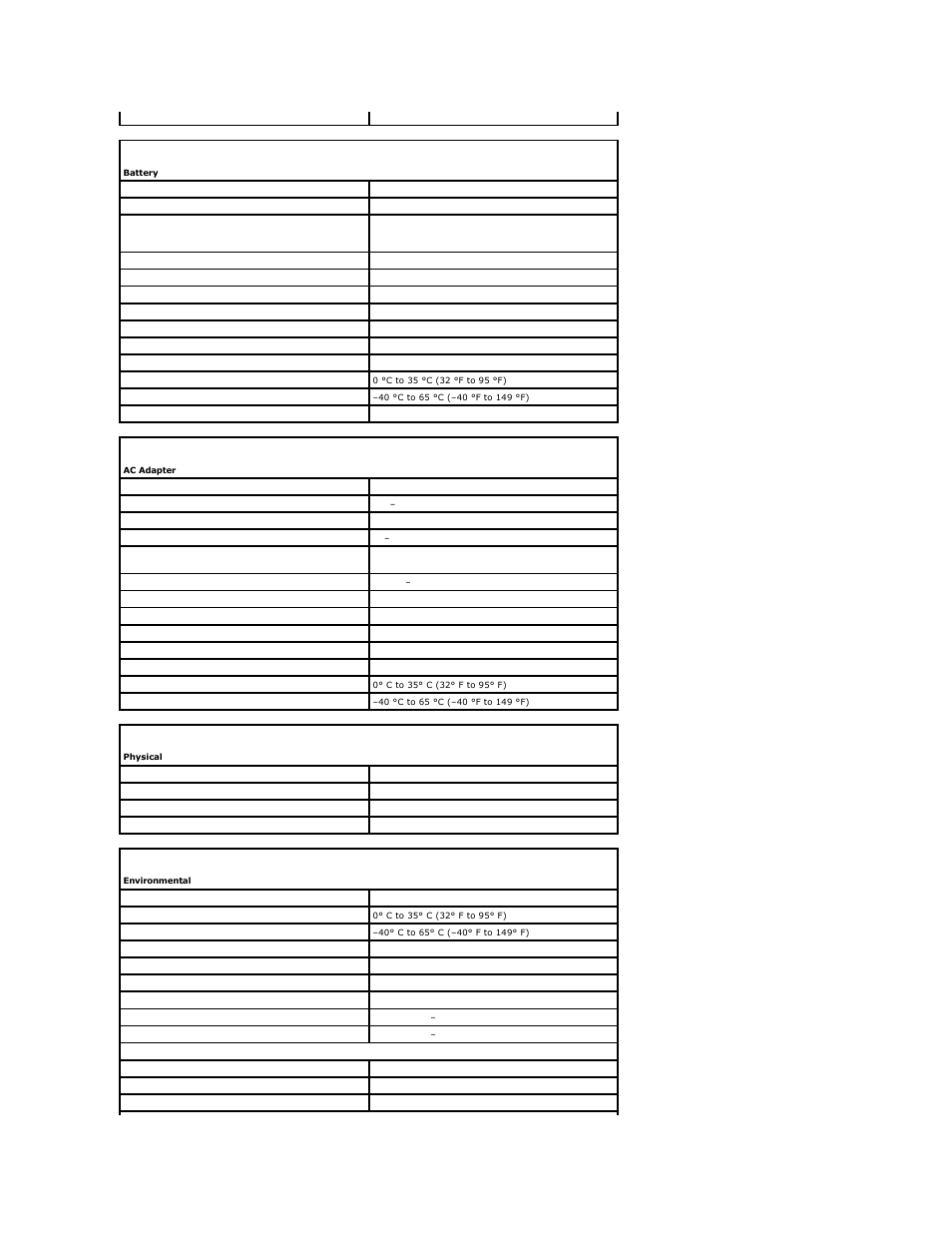 Ac adapter, Environmental, Battery | Physical | Dell Vostro V13 (Late 2009) User Manual | Page 10 / 40