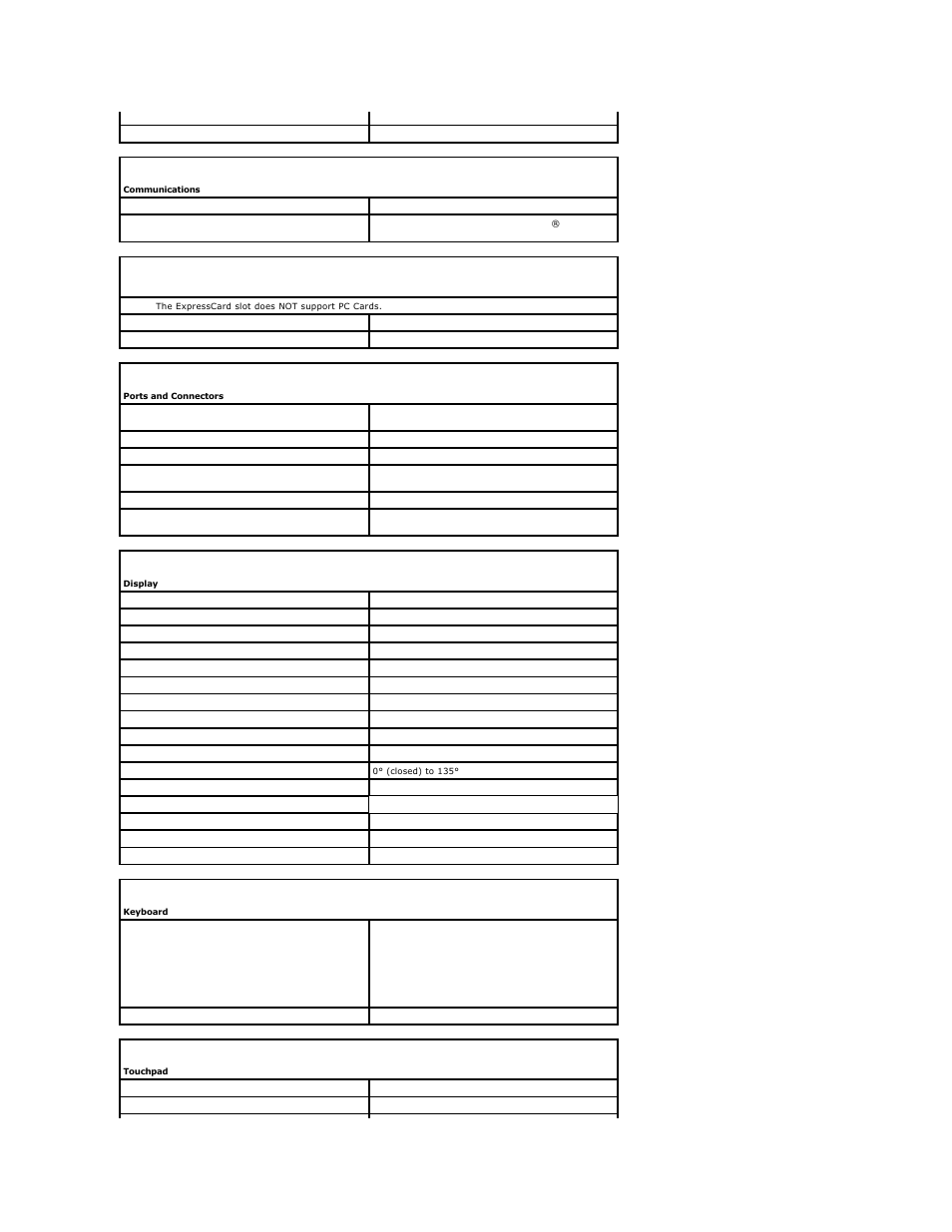 Expresscard, Display, Touch pad | Communications, Ports and connectors, Keyboard | Dell Vostro V13 (Late 2009) User Manual | Page 9 / 40