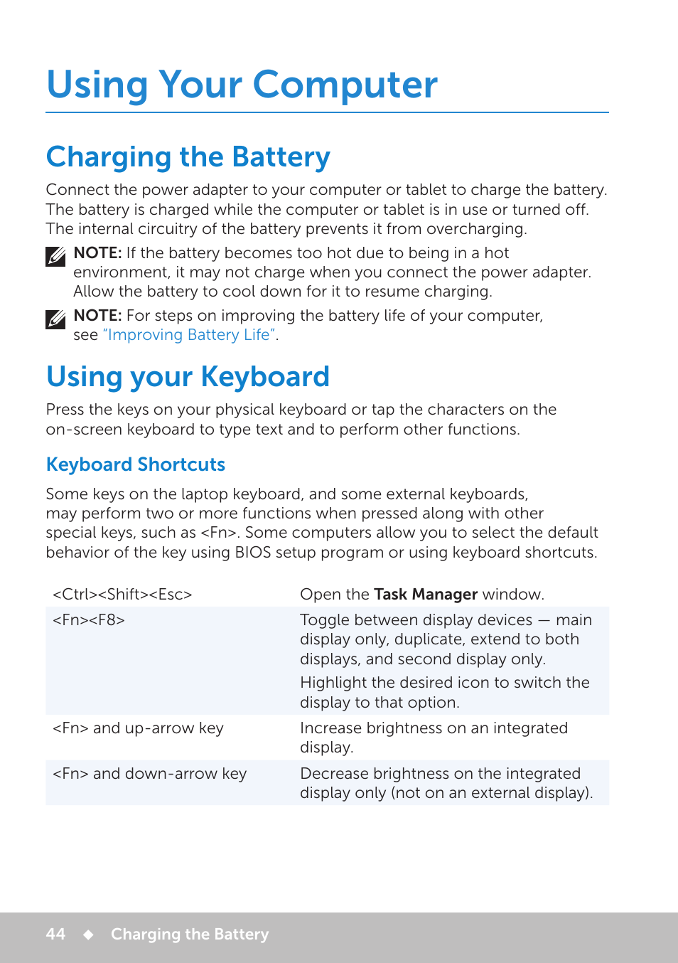 Using your computer, Charging the battery, Using your keyboard | Keyboard shortcuts | Dell Inspiron 17 (7737, Mid 2013) User Manual | Page 44 / 102
