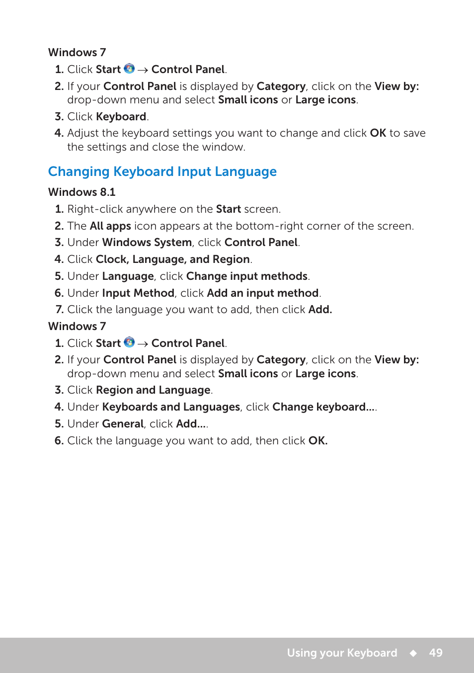 Changing keyboard input language | Dell Inspiron 17 (7737, Mid 2013) User Manual | Page 49 / 102