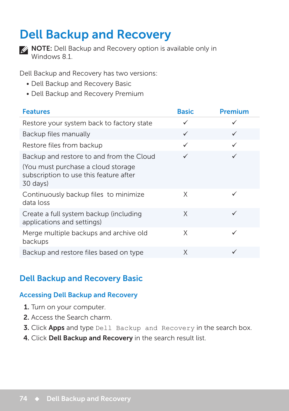 Dell backup and recovery, Dell backup and recovery basic, Accessing dell backup and recovery | Dell Inspiron 17 (7737, Mid 2013) User Manual | Page 74 / 102
