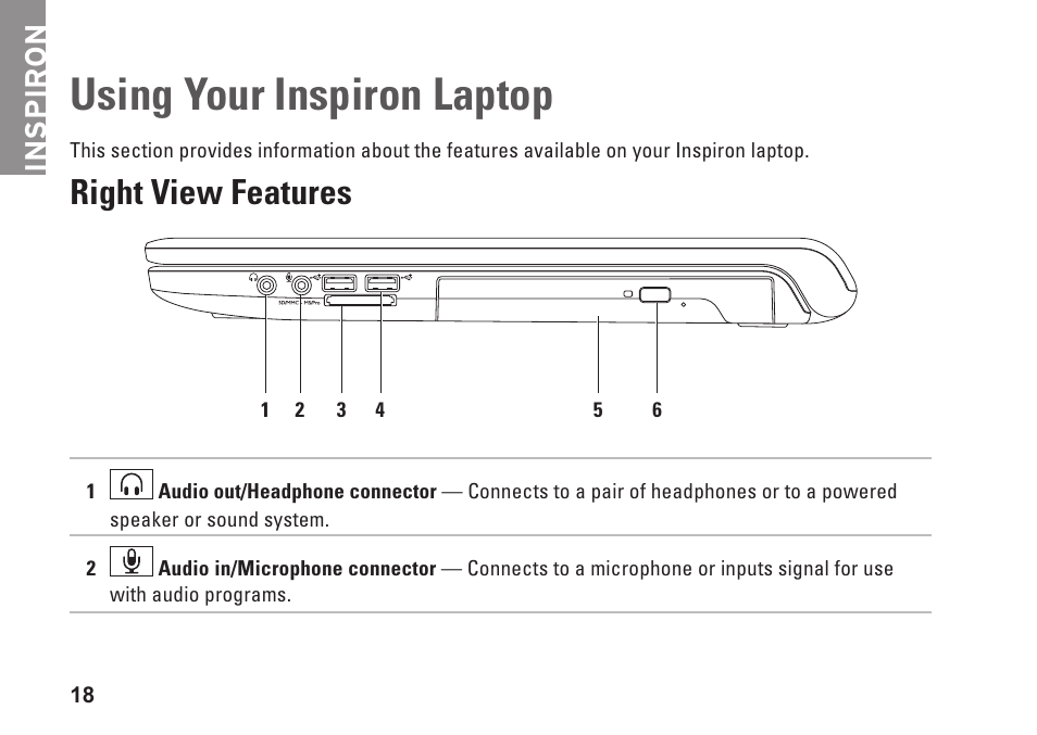 Using your inspiron laptop, Right view features, Inspiron | Dell Inspiron 1764 (Early 2010) User Manual | Page 20 / 86