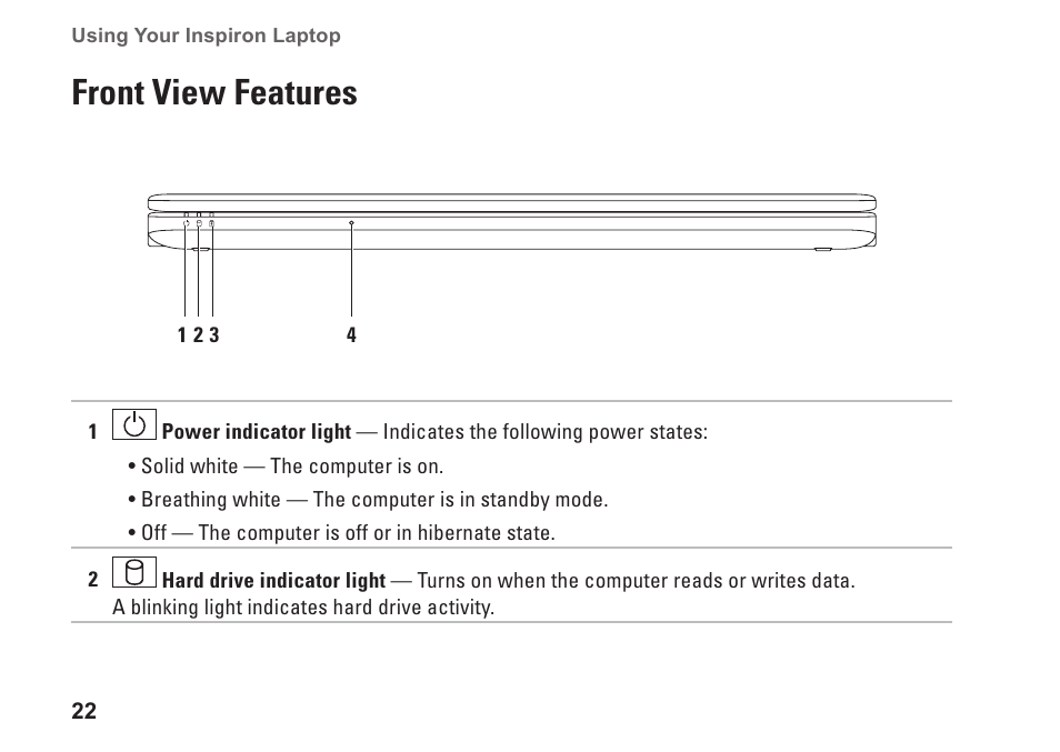 Front view features | Dell Inspiron 1764 (Early 2010) User Manual | Page 24 / 86