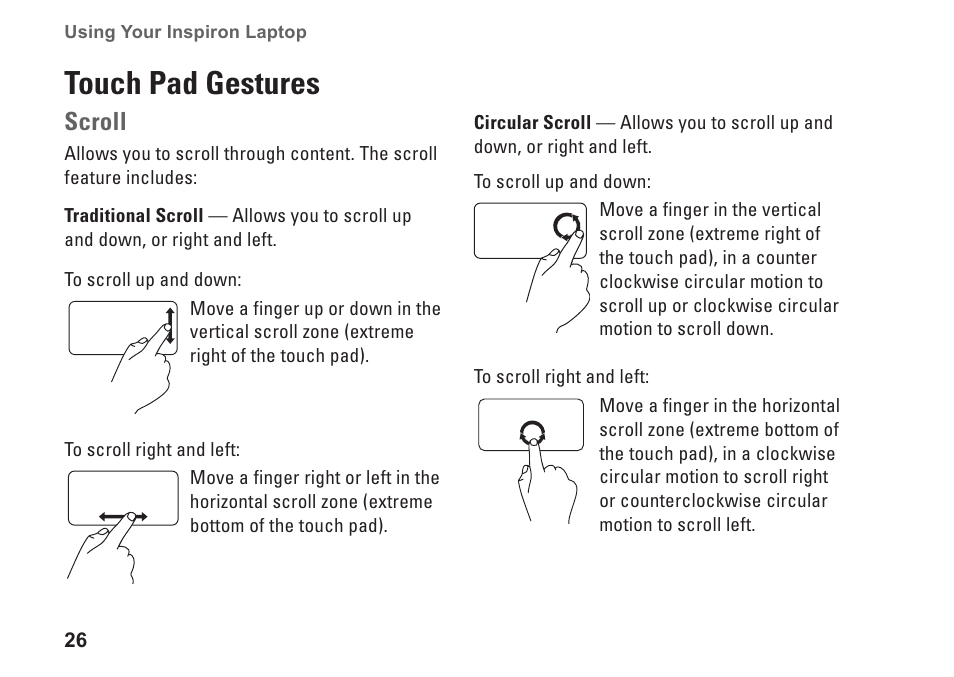 Touch pad gestures, Scroll | Dell Inspiron 1764 (Early 2010) User Manual | Page 28 / 86