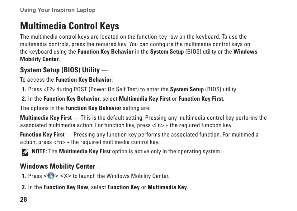 Multimedia control keys | Dell Inspiron 1764 (Early 2010) User Manual | Page 30 / 86
