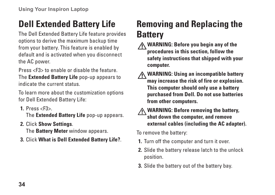 Dell extended battery life, Removing and replacing the battery | Dell Inspiron 1764 (Early 2010) User Manual | Page 36 / 86