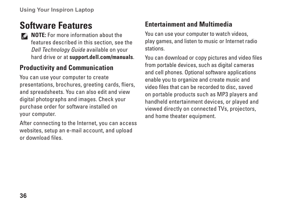 Software features | Dell Inspiron 1764 (Early 2010) User Manual | Page 38 / 86