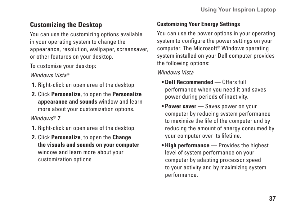 Customizing the desktop | Dell Inspiron 1764 (Early 2010) User Manual | Page 39 / 86
