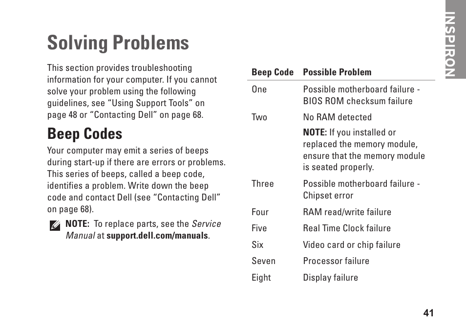 Solving problems, Beep codes, Inspiron | Dell Inspiron 1764 (Early 2010) User Manual | Page 43 / 86