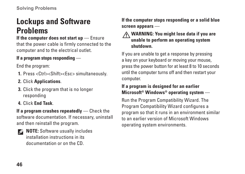 Lockups and software problems | Dell Inspiron 1764 (Early 2010) User Manual | Page 48 / 86
