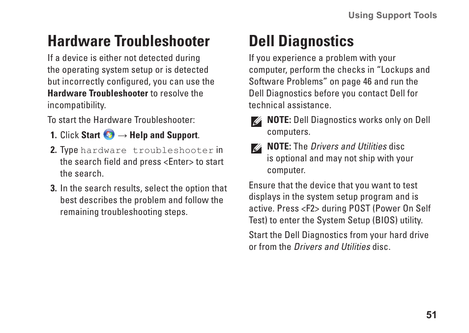Hardware troubleshooter, Dell diagnostics, Hardware troubleshooter dell diagnostics | Dell Inspiron 1764 (Early 2010) User Manual | Page 53 / 86