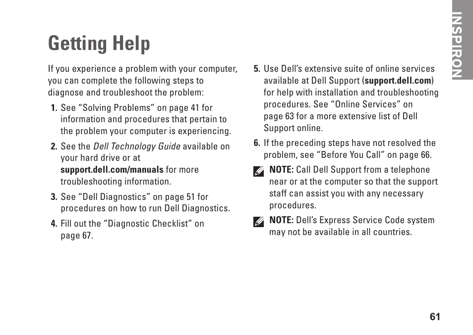 Getting help, Inspiron | Dell Inspiron 1764 (Early 2010) User Manual | Page 63 / 86