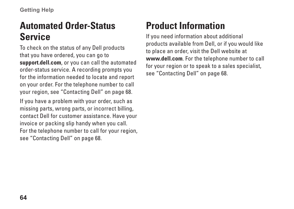 Automated order-status service, Product information | Dell Inspiron 1764 (Early 2010) User Manual | Page 66 / 86