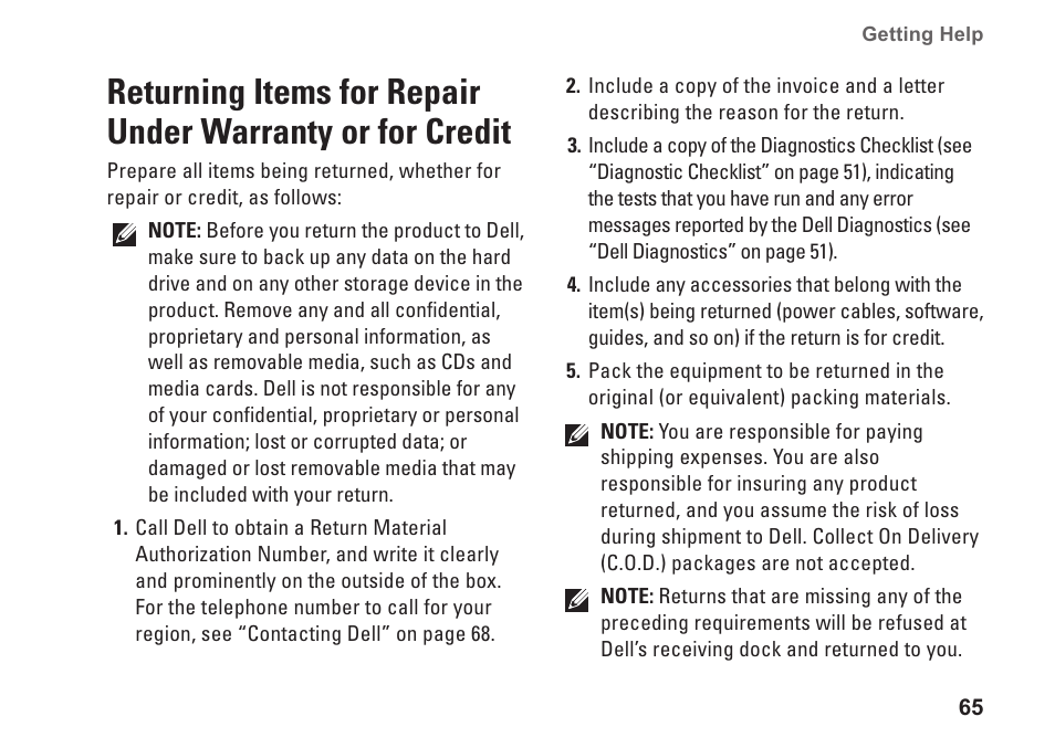 Returning items for repair under, Warranty or for credit | Dell Inspiron 1764 (Early 2010) User Manual | Page 67 / 86