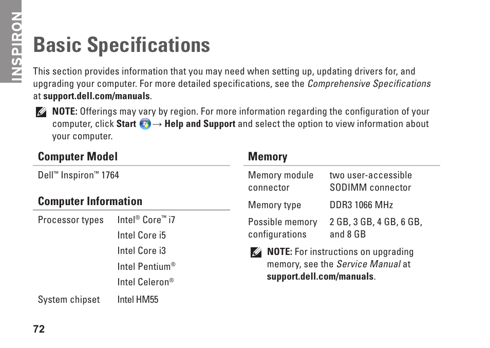 Basic specifications, Inspiron | Dell Inspiron 1764 (Early 2010) User Manual | Page 74 / 86