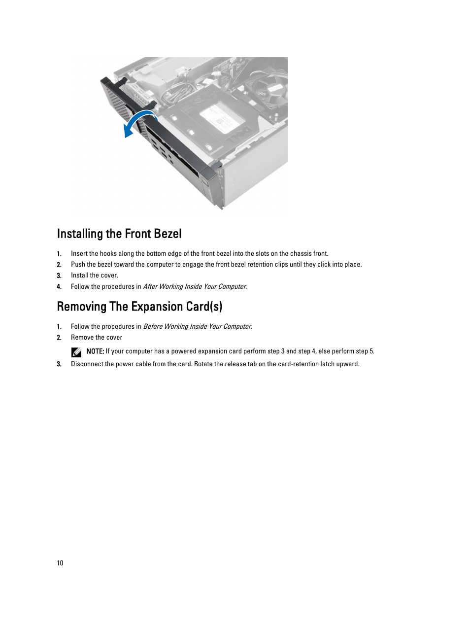 Installing the front bezel, Removing the expansion card(s) | Dell OptiPlex XE2 (Mid 2013) User Manual | Page 10 / 56