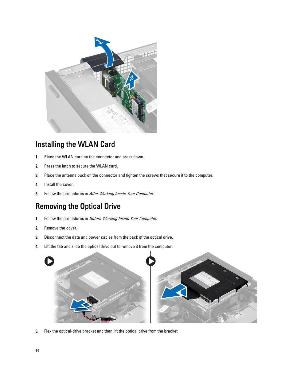Installing the wlan card, Removing the optical drive | Dell OptiPlex XE2 (Mid 2013) User Manual | Page 14 / 56