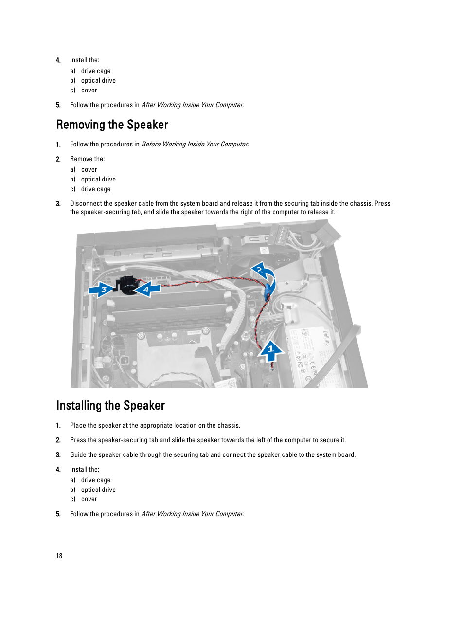 Removing the speaker, Installing the speaker | Dell OptiPlex XE2 (Mid 2013) User Manual | Page 18 / 56