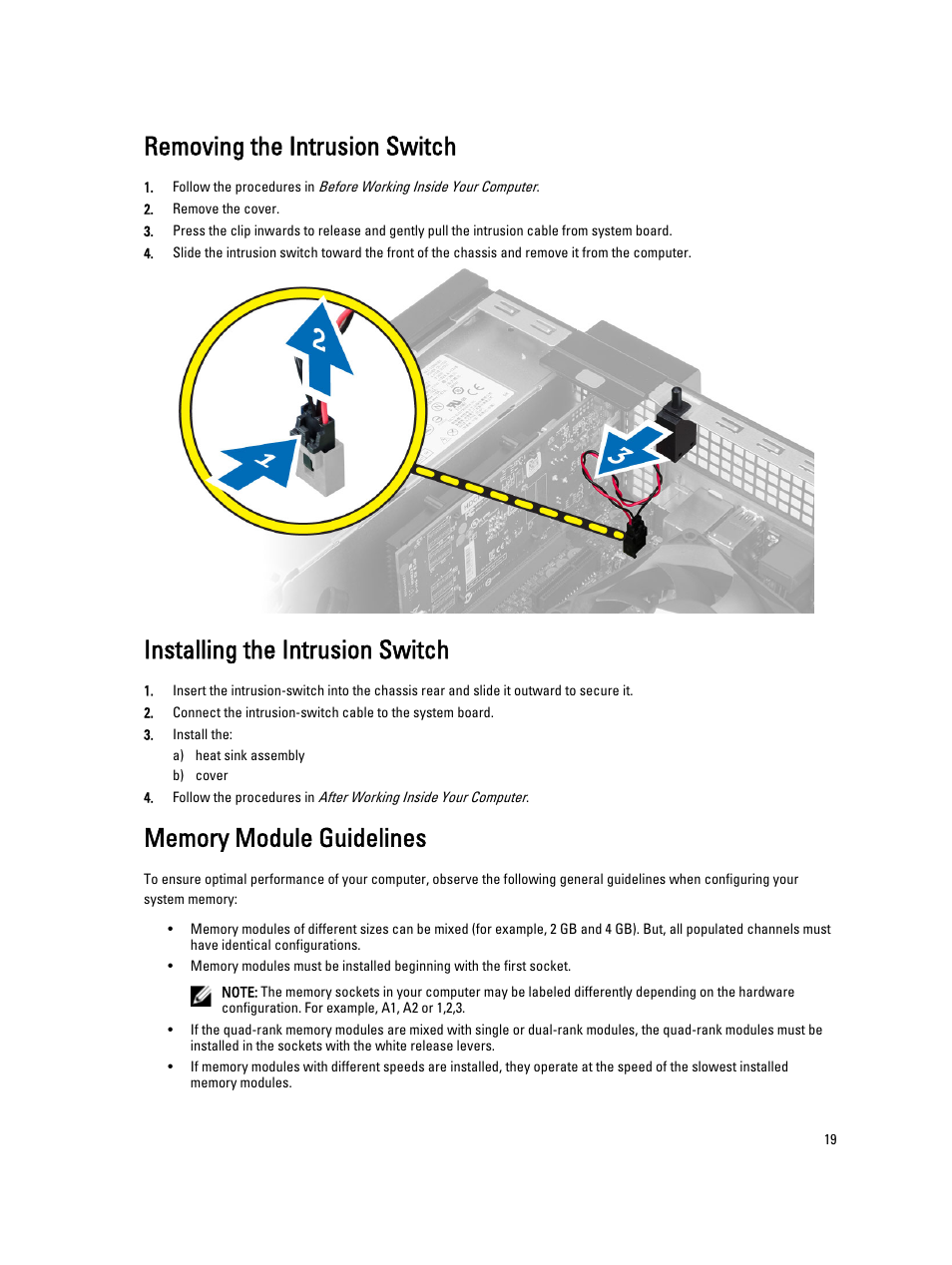 Removing the intrusion switch, Installing the intrusion switch, Memory module guidelines | Dell OptiPlex XE2 (Mid 2013) User Manual | Page 19 / 56