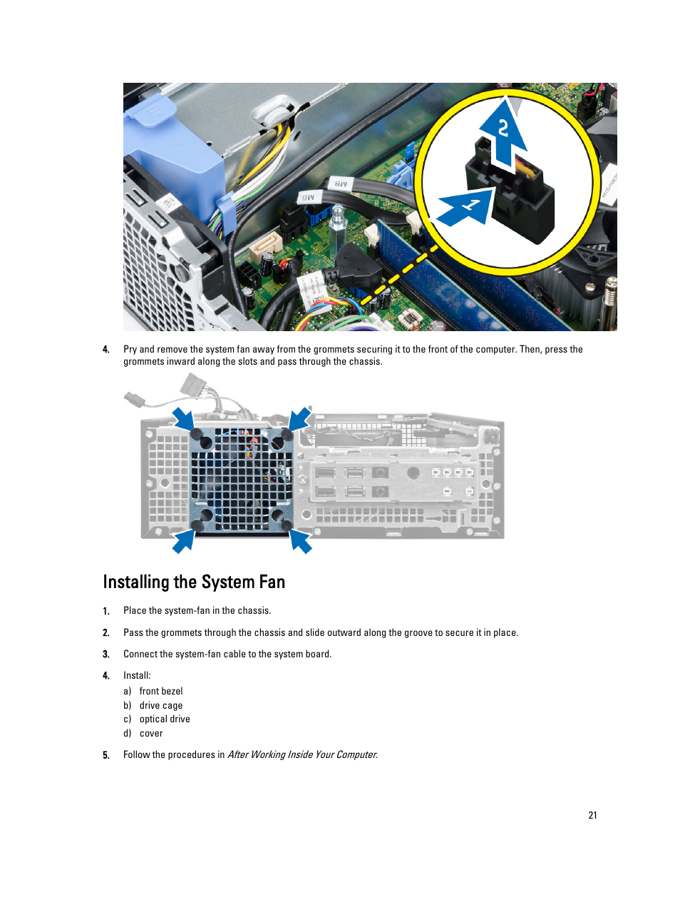 Installing the system fan | Dell OptiPlex XE2 (Mid 2013) User Manual | Page 21 / 56