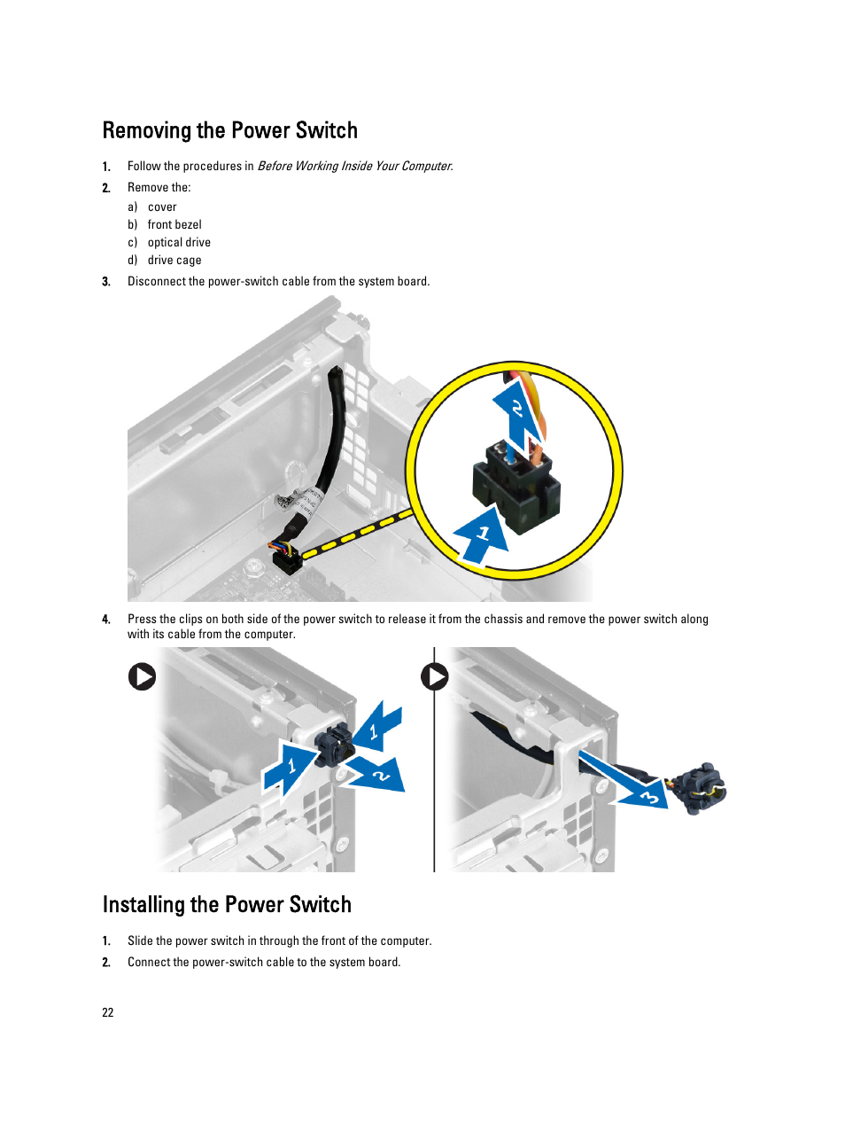 Removing the power switch, Installing the power switch | Dell OptiPlex XE2 (Mid 2013) User Manual | Page 22 / 56