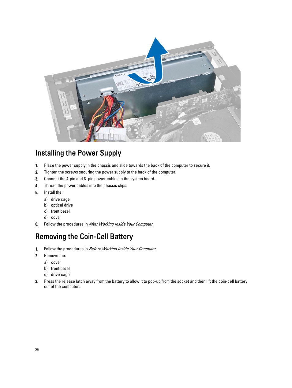 Installing the power supply, Removing the coin-cell battery | Dell OptiPlex XE2 (Mid 2013) User Manual | Page 26 / 56