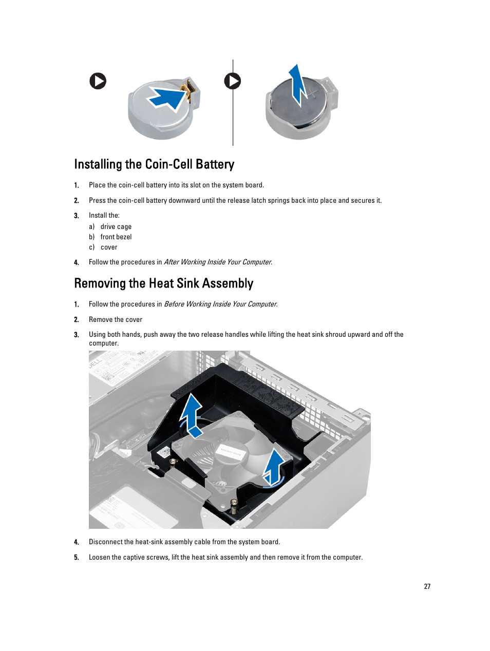 Installing the coin-cell battery, Removing the heat sink assembly | Dell OptiPlex XE2 (Mid 2013) User Manual | Page 27 / 56