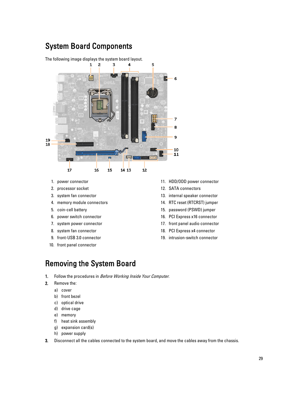 System board components, Removing the system board | Dell OptiPlex XE2 (Mid 2013) User Manual | Page 29 / 56