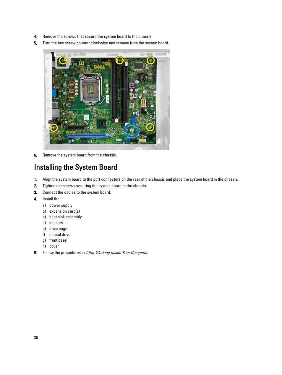 Installing the system board | Dell OptiPlex XE2 (Mid 2013) User Manual | Page 30 / 56