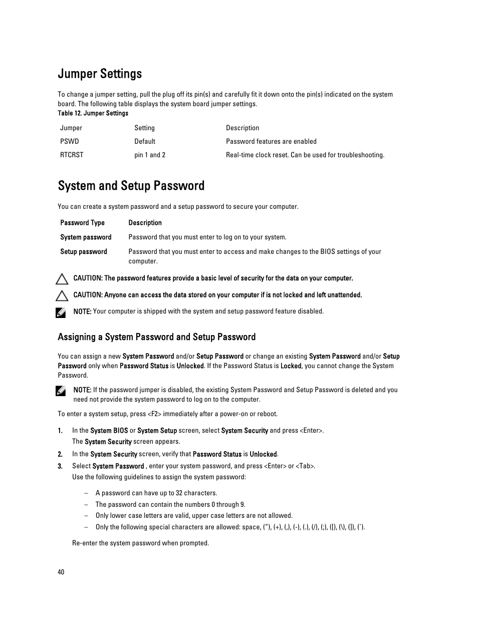Jumper settings, System and setup password, Assigning a system password and setup password | Dell OptiPlex XE2 (Mid 2013) User Manual | Page 40 / 56