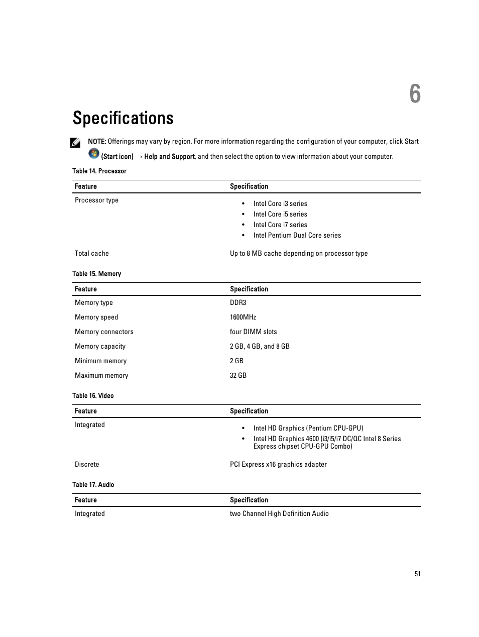 Specifications, 6 specifications | Dell OptiPlex XE2 (Mid 2013) User Manual | Page 51 / 56