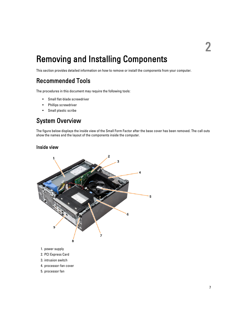 Removing and installing components, Recommended tools, System overview | Inside view, 2 removing and installing components | Dell OptiPlex XE2 (Mid 2013) User Manual | Page 7 / 56