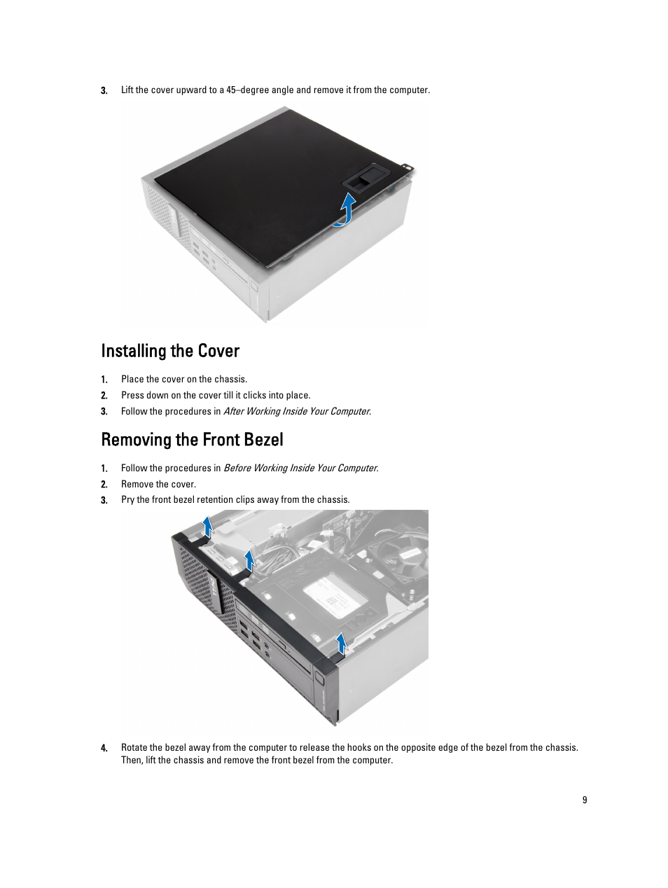 Installing the cover, Removing the front bezel | Dell OptiPlex XE2 (Mid 2013) User Manual | Page 9 / 56