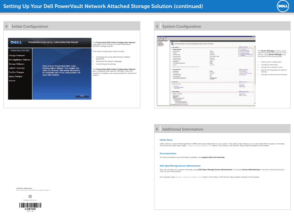 Initial conﬁ guration 5, System conﬁ guration 6, Additional information | Dell PowerVault NX3300 User Manual | Page 2 / 2