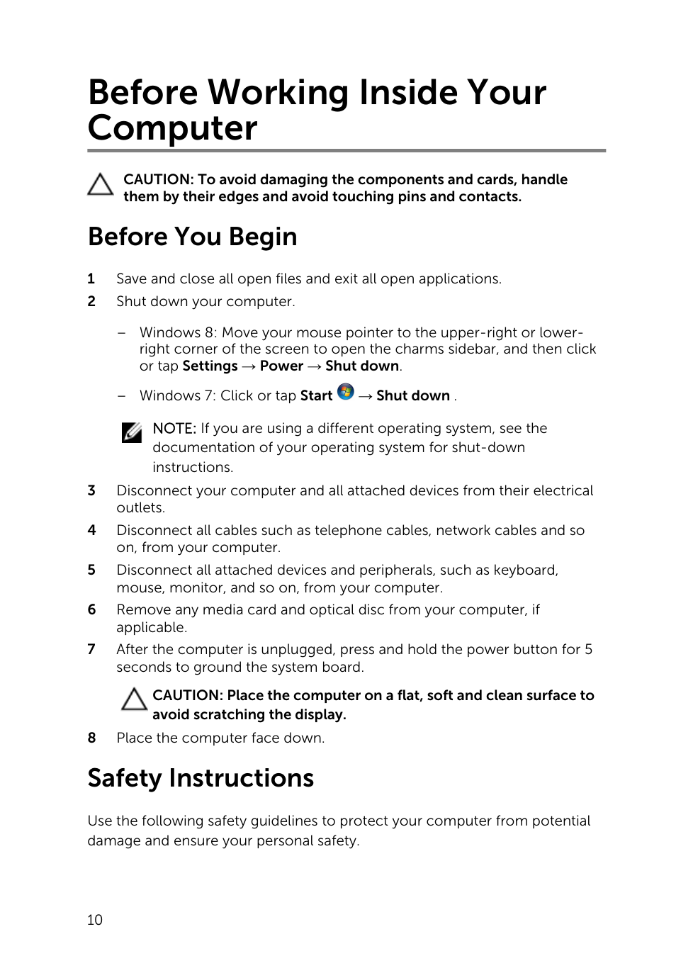 Before working inside your computer, Before you begin, Safety instructions | Dell Inspiron 23 (5348, Early 2014) User Manual | Page 10 / 112