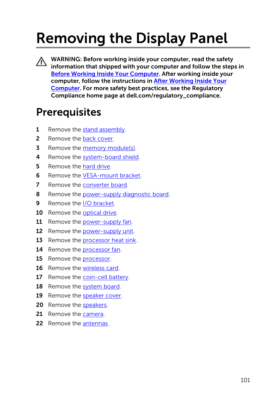 Removing the display panel, Prerequisites | Dell Inspiron 23 (5348, Early 2014) User Manual | Page 101 / 112