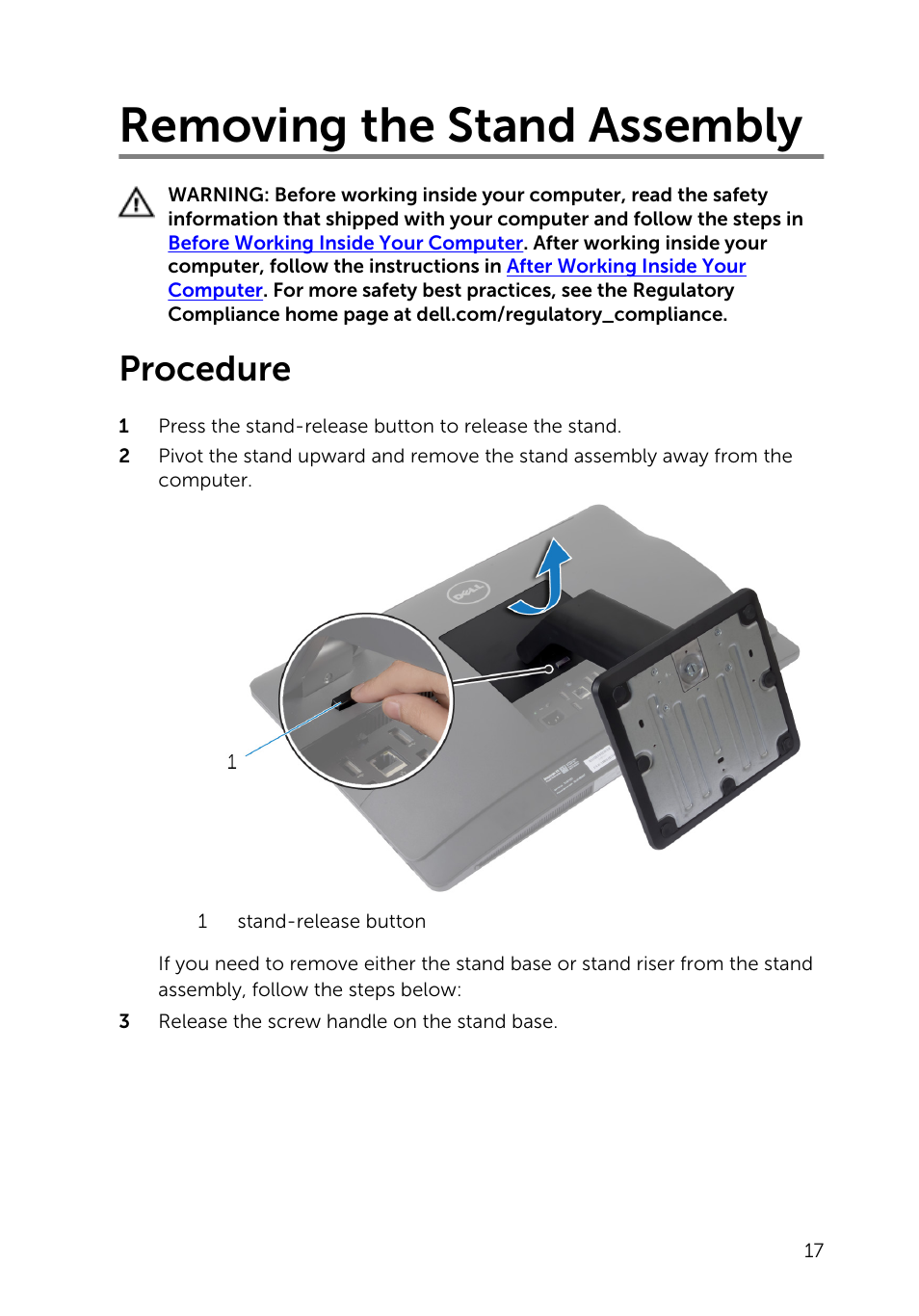 Removing the stand assembly, Procedure | Dell Inspiron 23 (5348, Early 2014) User Manual | Page 17 / 112